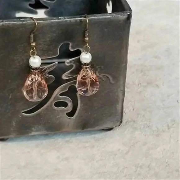 Handmade Steampunk Pink Faceted Glass Teardrop Antiqued Brass Dangle Earrings - Picture 5 of 5